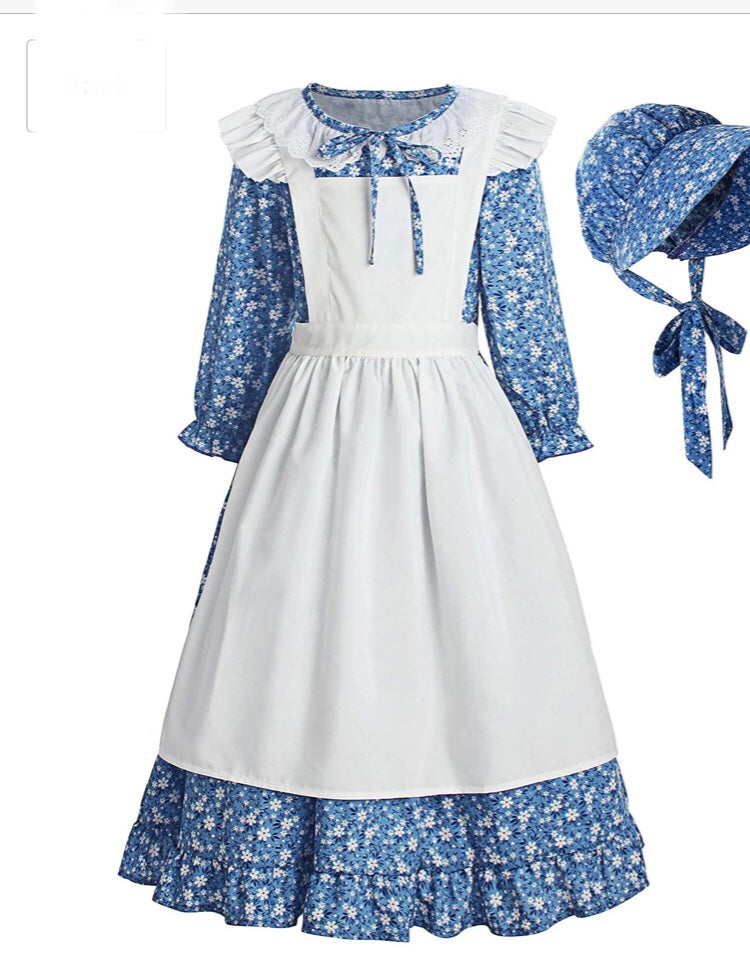 Colonial Pioneer Prairie Girl Costume Dress Apron Bonnet Blue