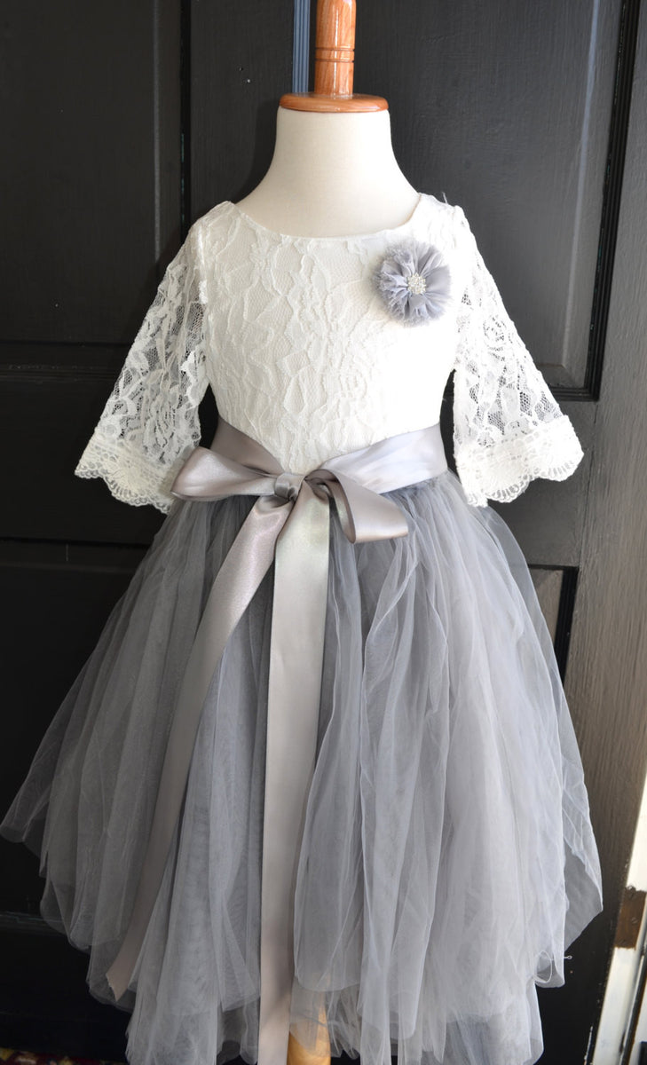 slim fit dress slacks Grey Flower Girl Dresses,Pleated Flower Girl Dress,Short Flower Girl Dress,FD00082, Child5 / Ivory main image 1