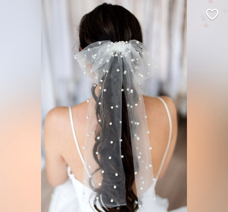 Veil Hair Bow Pearl Veil Bridal Tulle Bachelorette Party Shower