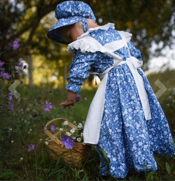 Colonial Pioneer Prairie Girl Costume Dress Apron Bonnet Blue – maidenlaneboutique Colonial Pioneer Prairie Girl Costume Dress Apron Bonnet Blue – maidenlaneboutique
