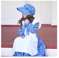 Colonial Pioneer Prairie Girl Costume Dress Apron Bonnet Blue