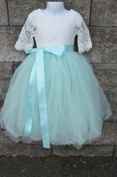 mint green flower girl dress Lovely Lace Mint Bubble Sleeve Flower Girl Dress