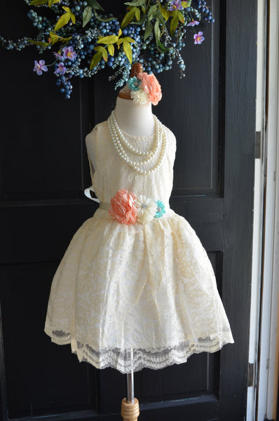 Coral Mint Ivory Lace Flower Girl Dress maidenlaneboutique